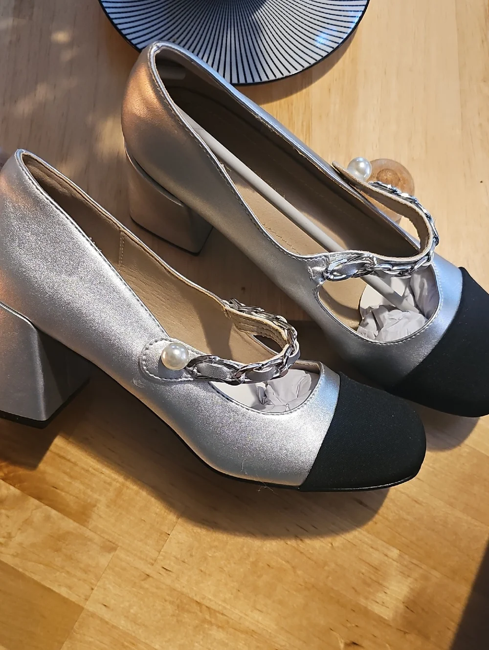 Silver and Black Mary Jane Block Heel Pumps with Pearl Accent